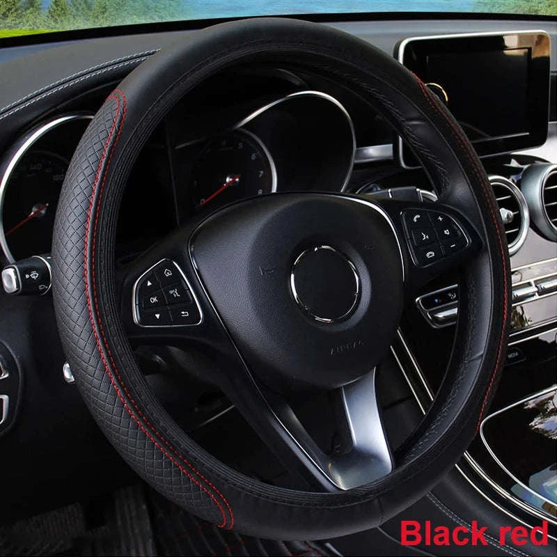 Car Steering Wheel Cover Anti-Slip PU Leather Universal 37-39cm-Black Blue
