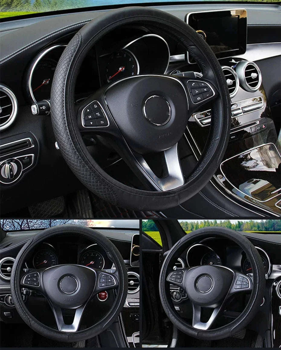 Car Steering Wheel Cover Anti-Slip PU Leather Universal 37-39cm-Black Blue