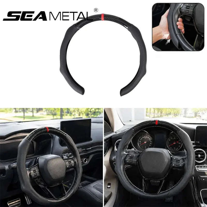 Car Steering Wheel Cover Nappa Leather Snap-On with Centering Marker-Black 1PC