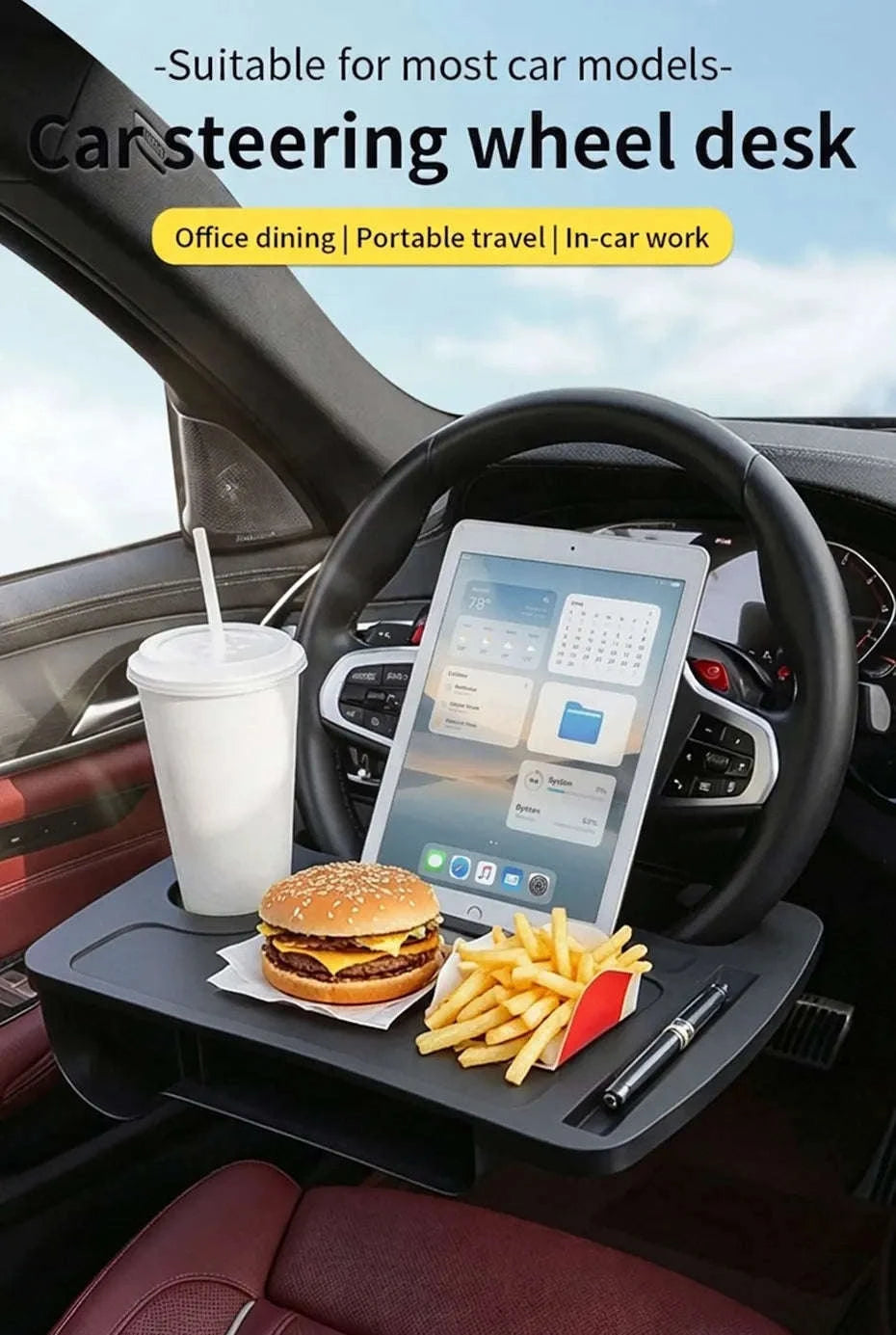 Car Steering Wheel Desk with Cup Holder-Black 1PC