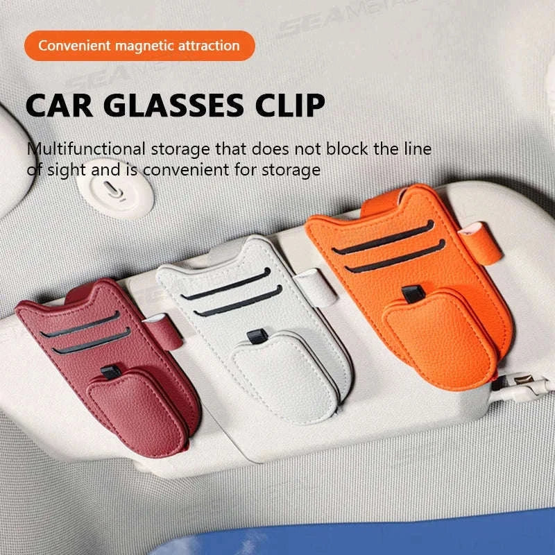 Car Sun Visor Glasses Holder Magnetic Clip Leatherette-White 2pcs