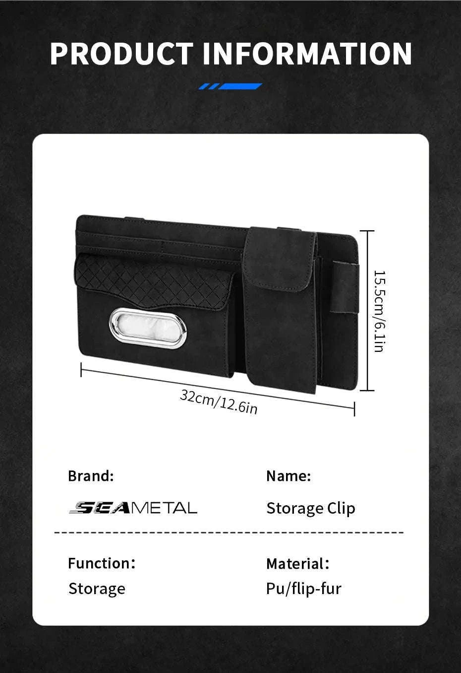 Car Sun Visor Storage Bag with Glasses Case and Tissue Holder-Leather gray