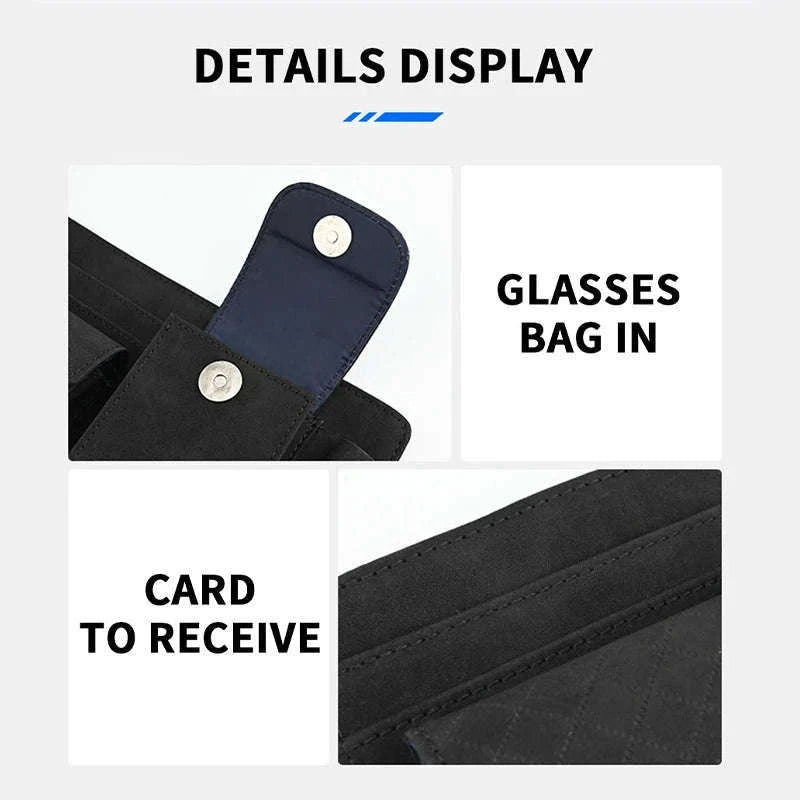 Car Sun Visor Storage Bag with Glasses Case and Tissue Holder-Leather gray
