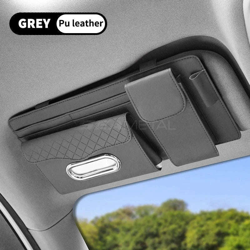 Car Sun Visor Storage Bag with Glasses Case and Tissue Holder-Leather gray