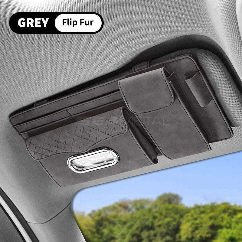 Car Sun Visor Storage Bag with Glasses Case and Tissue Holder-Leather gray
