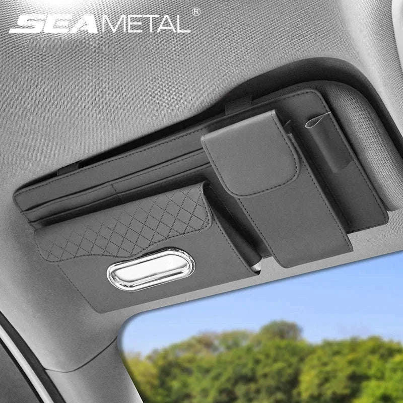 Car Sun Visor Storage Bag with Glasses Case and Tissue Holder-Leather gray