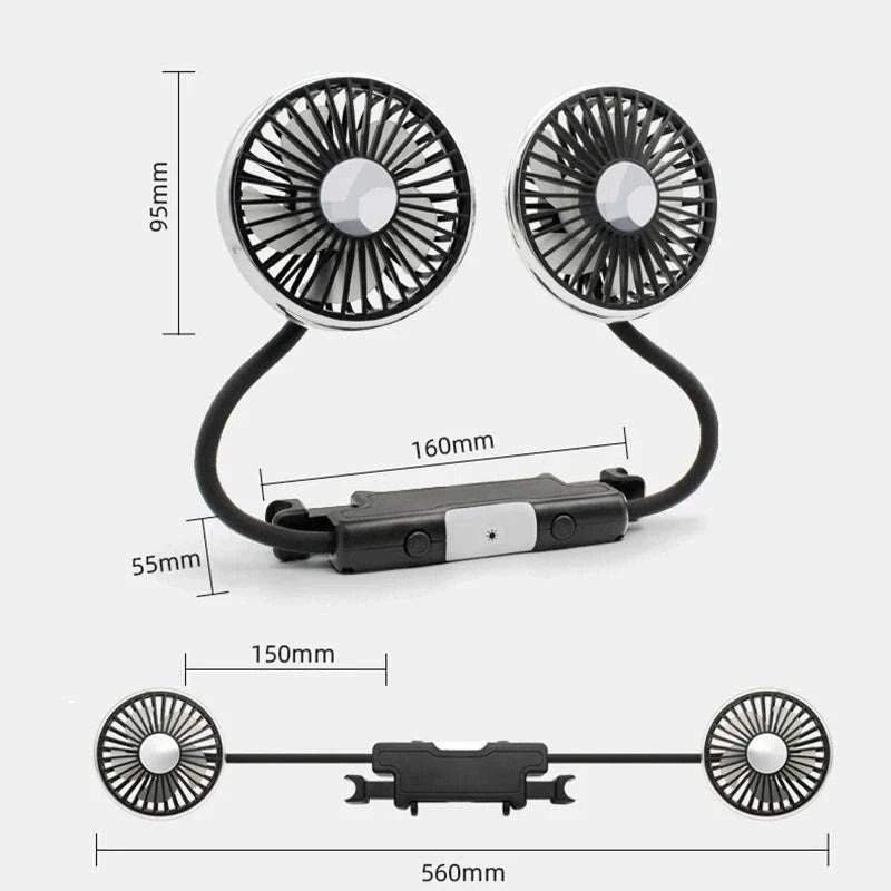 Car USB Fan Dual Head Adjustable Rear Seat Cooling Fan-1 set
