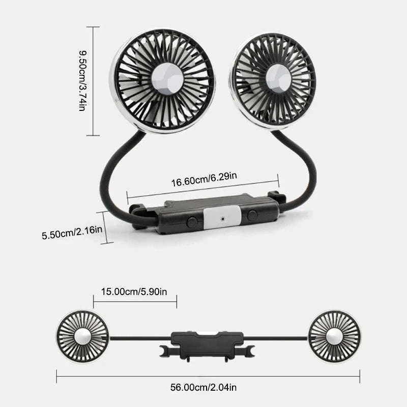 Car USB Fan Dual Head Adjustable Rear Seat Cooling Fan-1 set