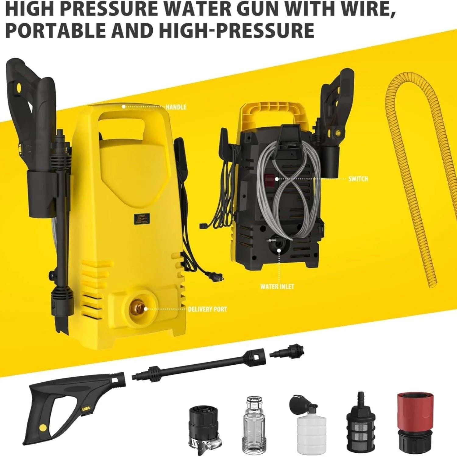 Car Wash Gun Electric High Pressure Washer with Adjustable Nozzle-Yellow / Corded Electric / UNITED KINGDOM