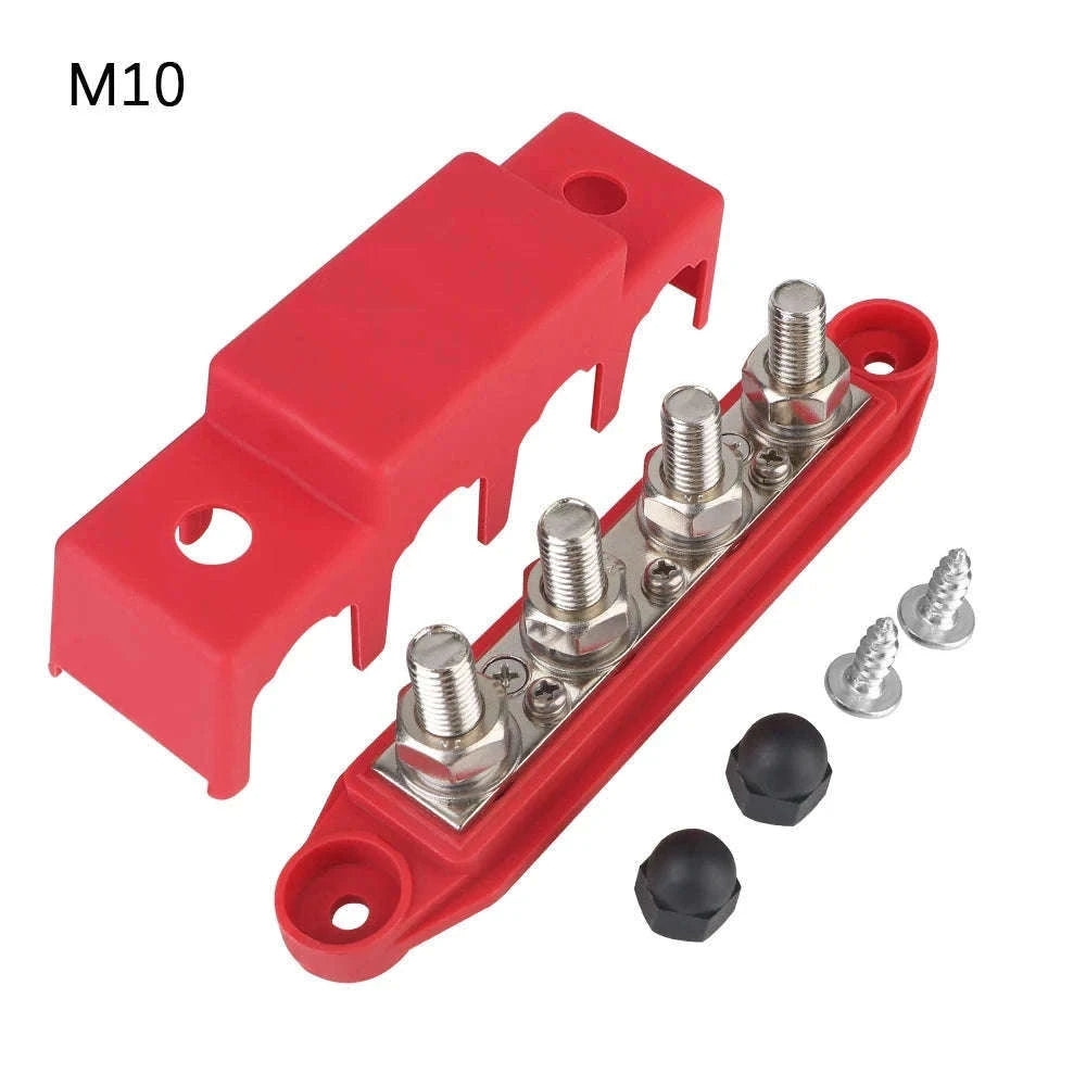 Caravan RV Power Distribution Block 4 Way 48V 250A DC Bus Bar with M8/M10 Studs-Red M10