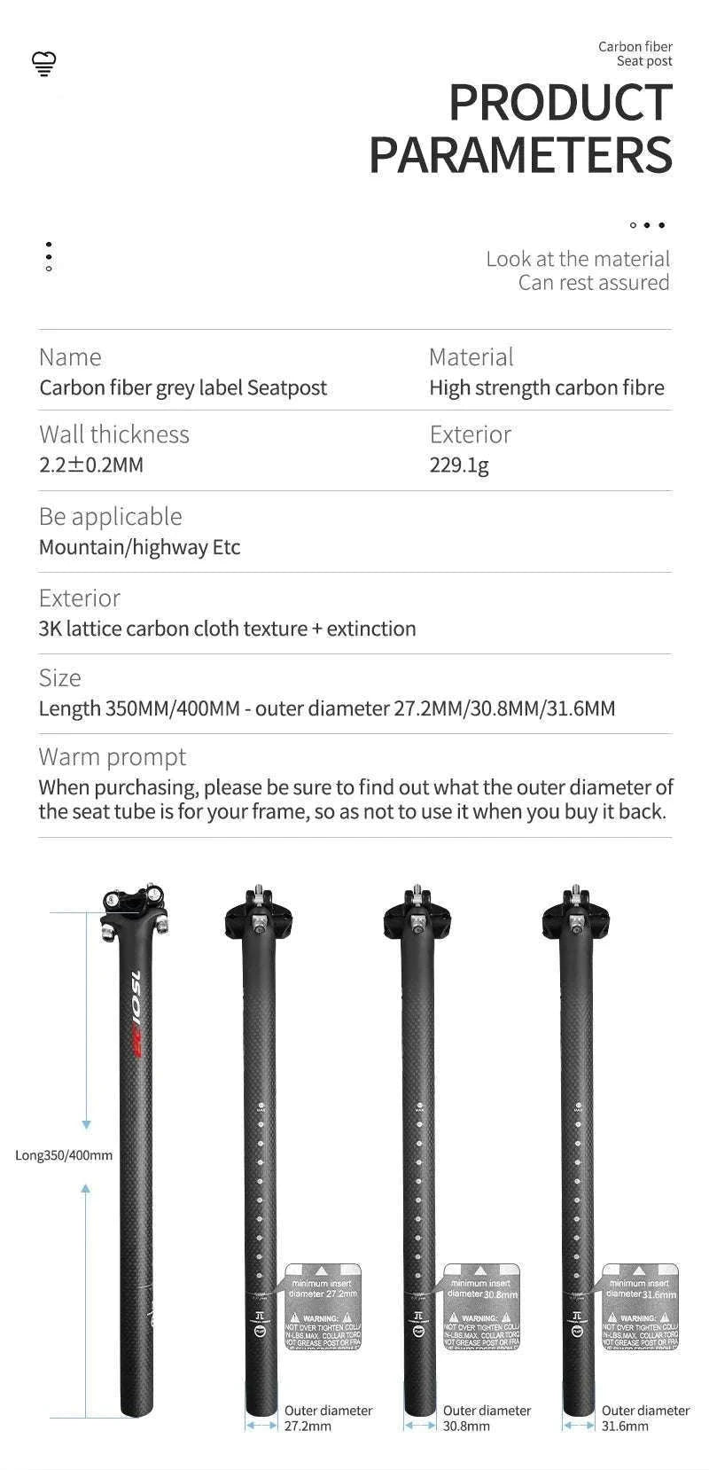 Carbon Fiber Bicycle Seatpost 27.2/30.8/31.6mm 350/400mm-27.2X350