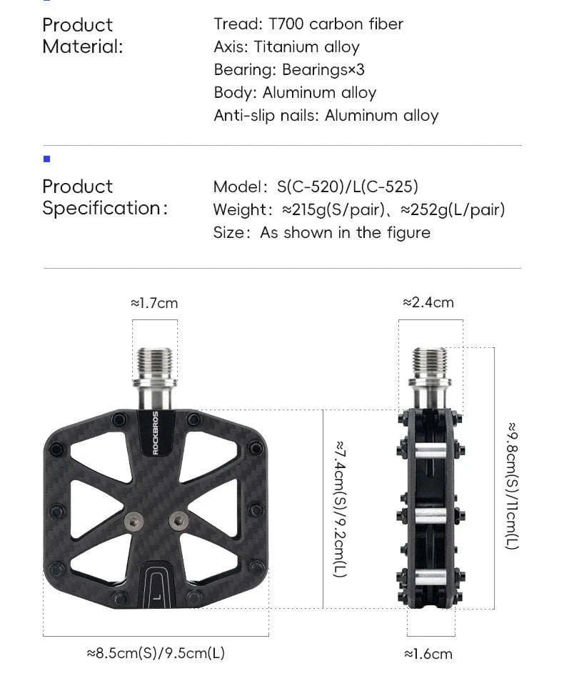 Carbon Fiber Bike Pedals with 3 Bearings Anti-Slip MTB & Road-C520-S