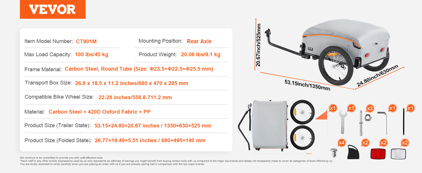SucceBuy Reboque de Carga para Bicicleta de 275 lbs/125 kg, Bicicleta Carrinho de Mão Foldável Compacto, com Engate Universal, Rodas de 20", Compatível com a Maioria das Bicicletas