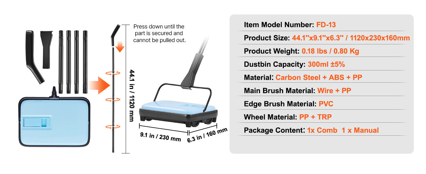 SucceBuy Carpet Sweeper Manual Floor Sweeper w/ 300ml Dustbin Capacity 6.7 Cleaning Width for Home Office Carpets Pet Hair Dust