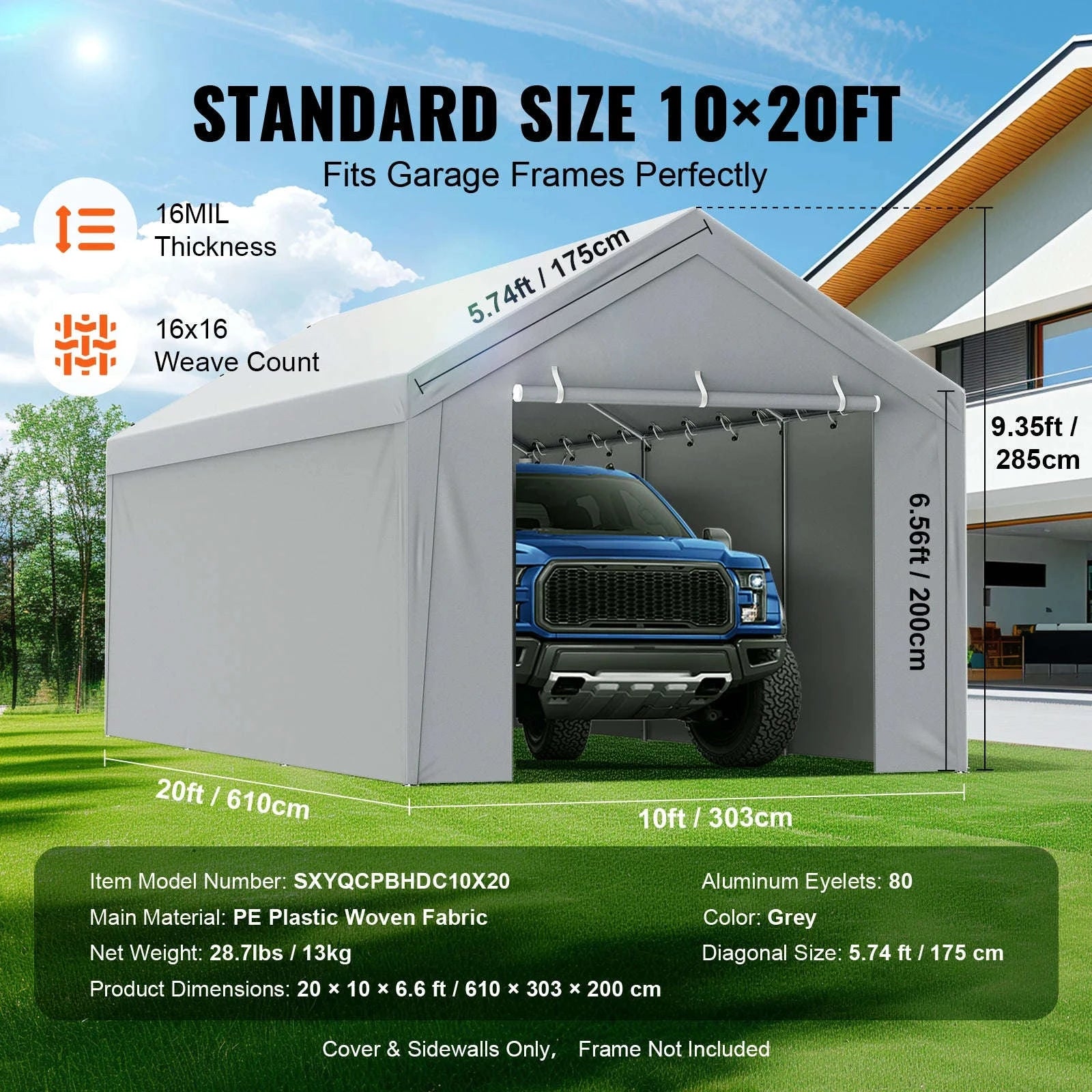 Carport Replacement Canopy Cover Waterproof UV Protected-10x20ft Gray / Poland