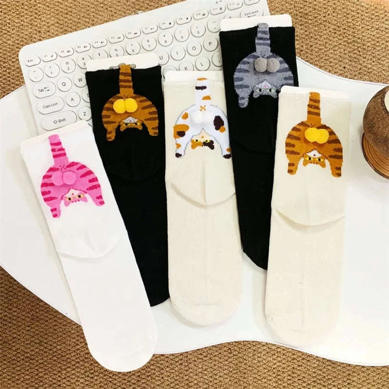 Cartoon Cat Socks Cozy Mid-Calf Cotton Gift for Cat Lovers-Style A-5PCS / One size