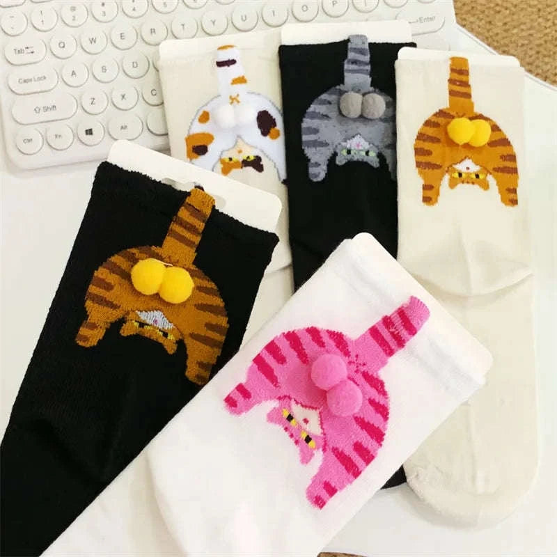 Cartoon Cat Socks Cozy Mid-Calf Cotton Gift for Cat Lovers-Style A-5PCS / One size