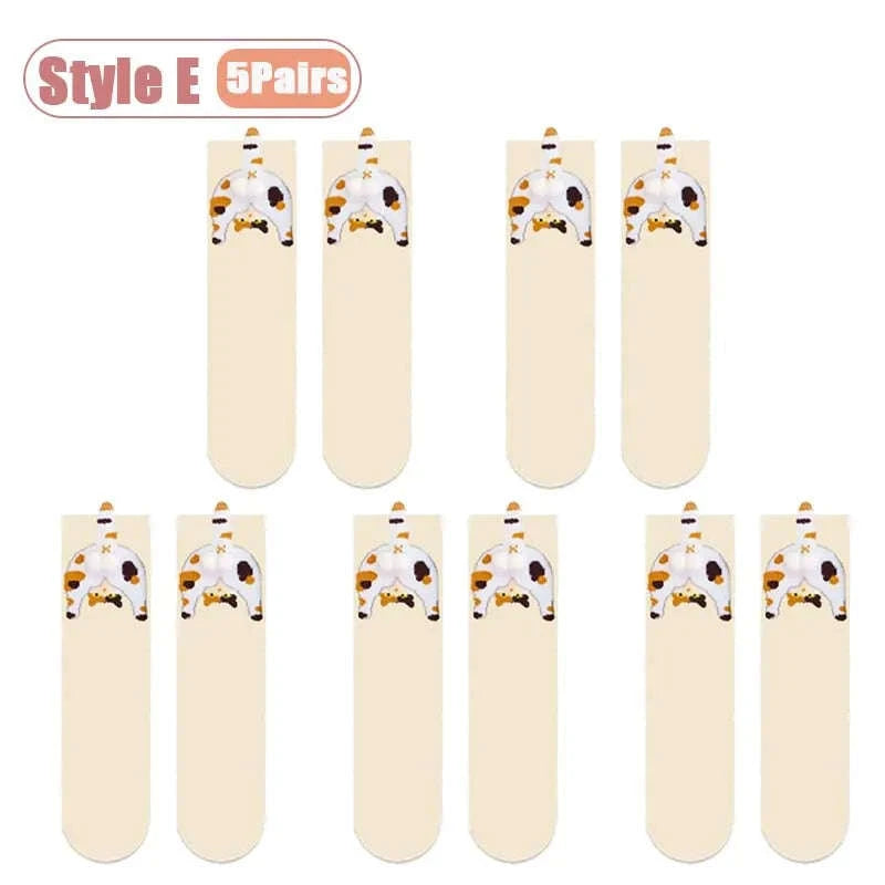 Cartoon Cat Socks Cozy Mid-Calf Cotton Gift for Cat Lovers-Style A-5PCS / One size