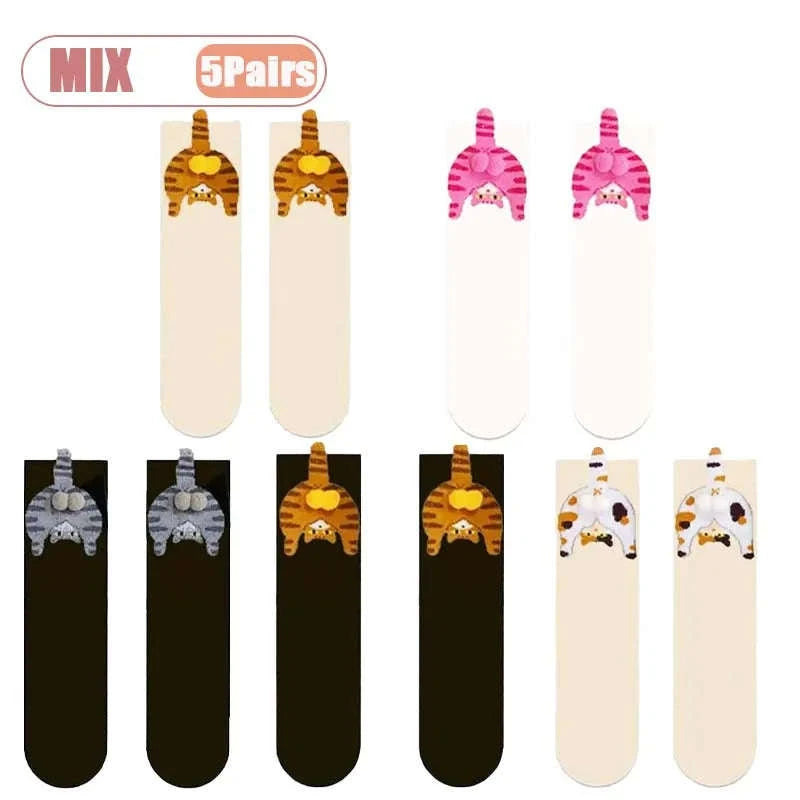 Cartoon Cat Socks Cozy Mid-Calf Cotton Gift for Cat Lovers-Style A-5PCS / One size