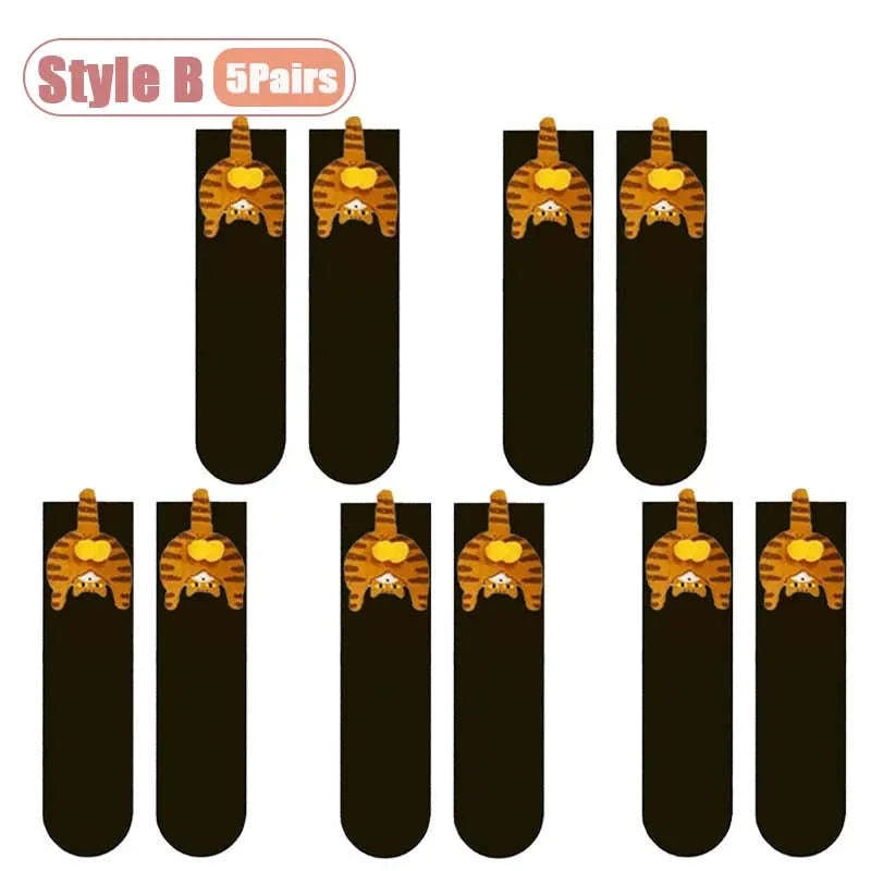 Cartoon Cat Socks Cozy Mid-Calf Cotton Gift for Cat Lovers-Style A-5PCS / One size