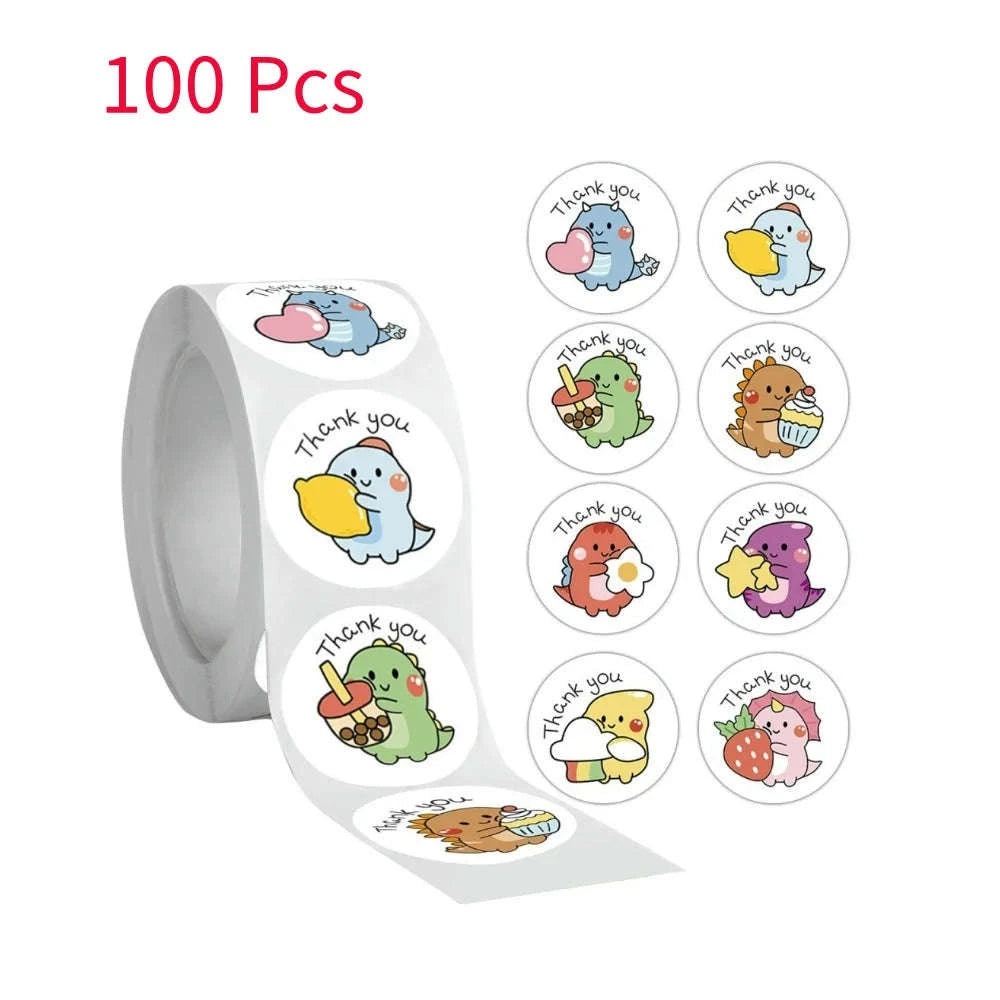 Cartoon Dinosaur Thank You Stickers – 1 Inch Adhesive Labels-100pcs
