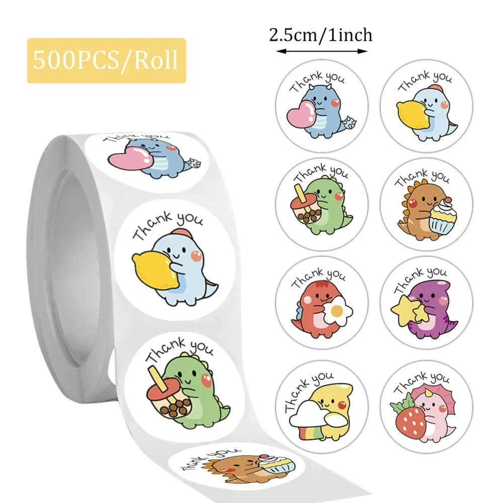 Cartoon Dinosaur Thank You Stickers – 1 Inch Adhesive Labels-100pcs