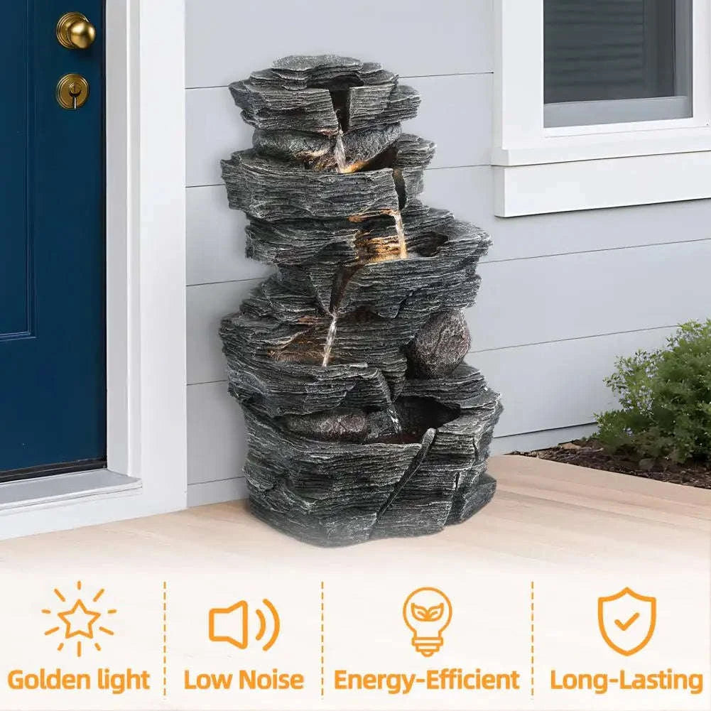 Cascading Rock Water Fountain with Warm LED Light-United States
