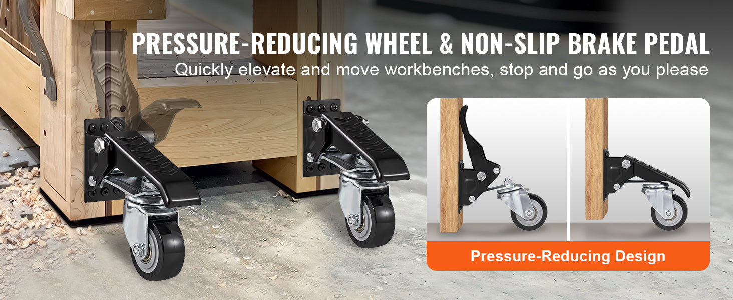 SucceBuy 165lbs 2.5" Set of 4 Workbench Caster Wheels Side Mounted Retractable Stepdown Wheel 360° Swivel for Tables & Equipment