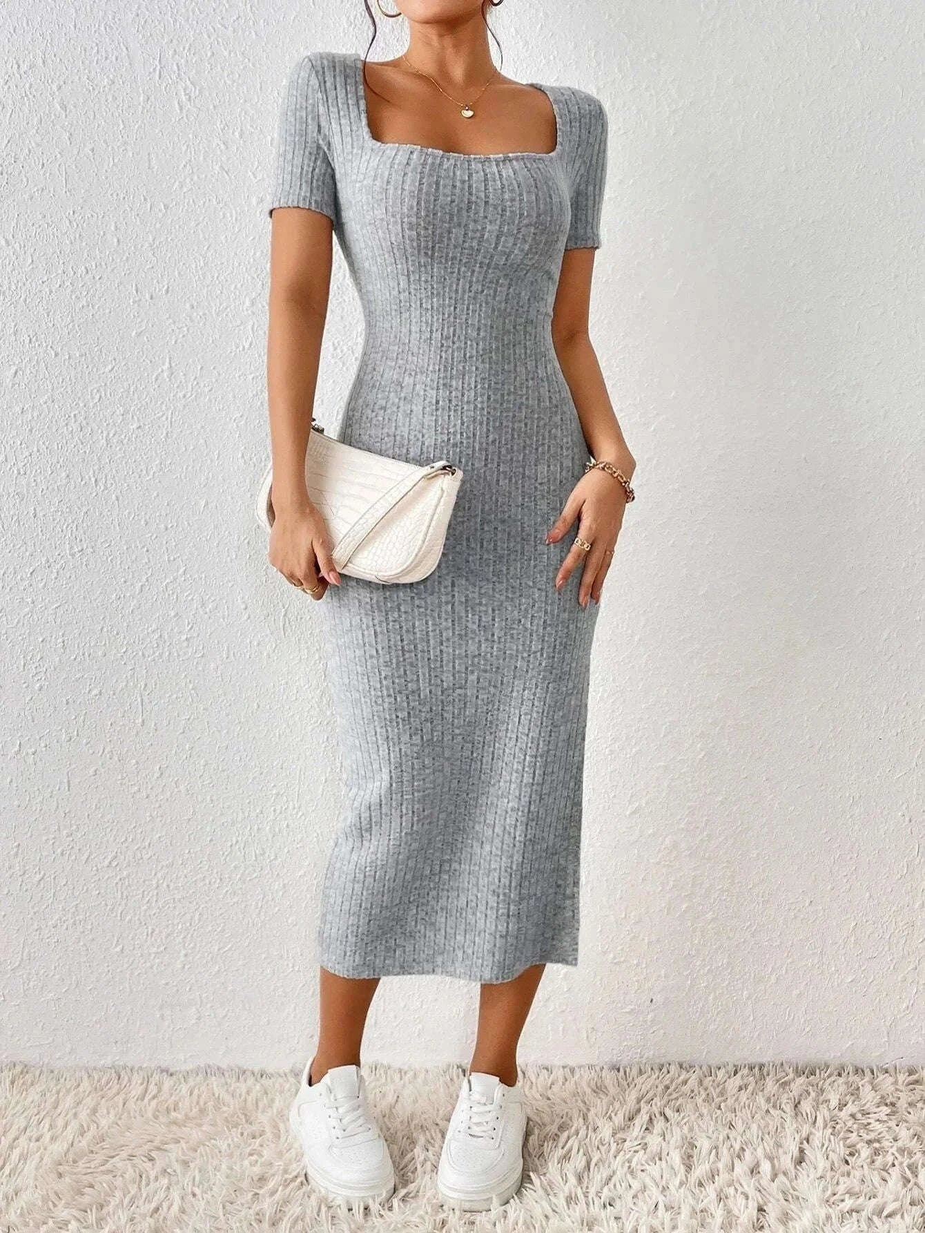 Casual Short Sleeve Knitted Dress for Warm-Weather Style-XL / gray