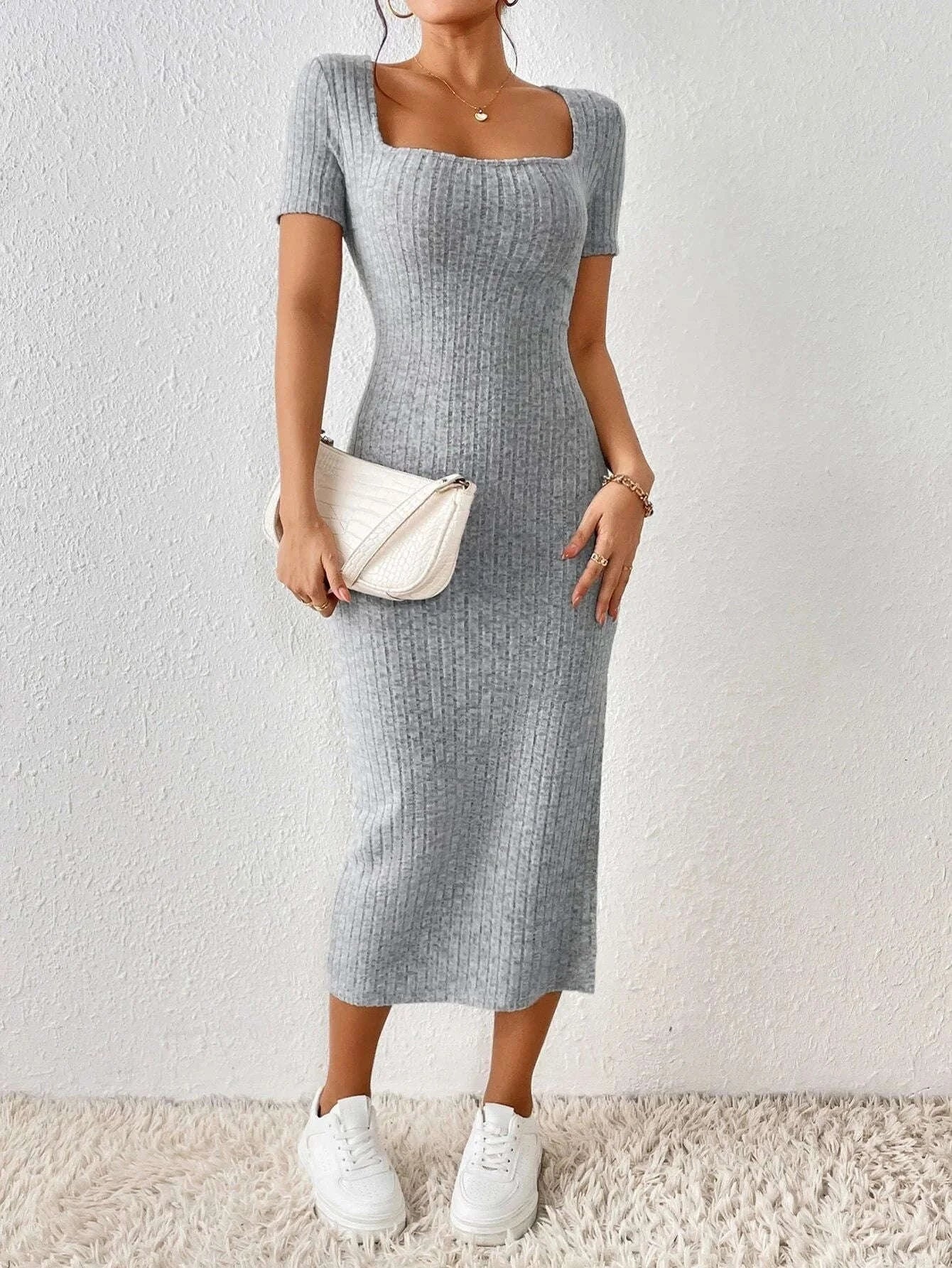 Casual Short Sleeve Knitted Dress-XL / gray