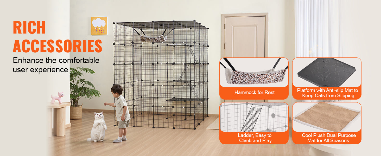 Gaiola grande para gatos SucceBuy, gaiola de metal com separação, jaula de arame com portas frontais, rede para gatos, rampa, escadas, casinha, espaço para exercício para gato