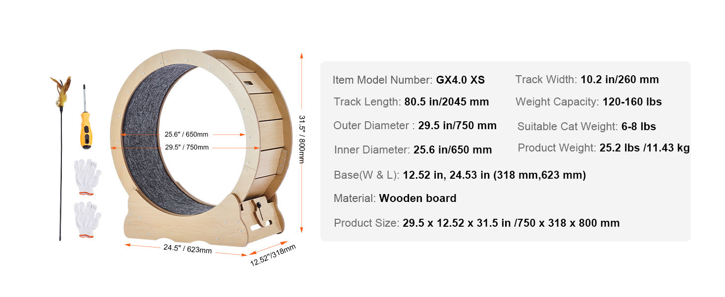 Wooden Cat Exercise Wheel with Detachable Carpet and Cat Teaser