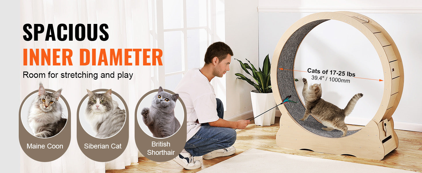 Wooden Cat Exercise Wheel with Detachable Carpet and Cat Teaser