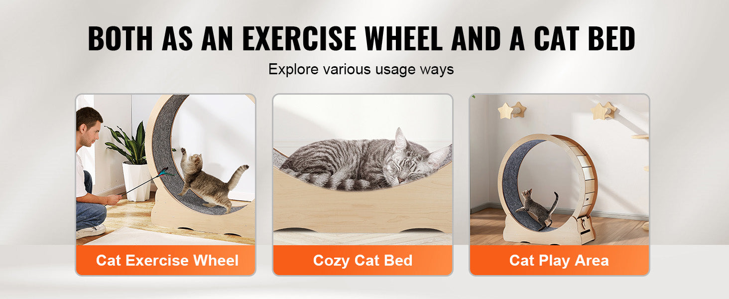 Wooden Cat Exercise Wheel with Detachable Carpet and Cat Teaser