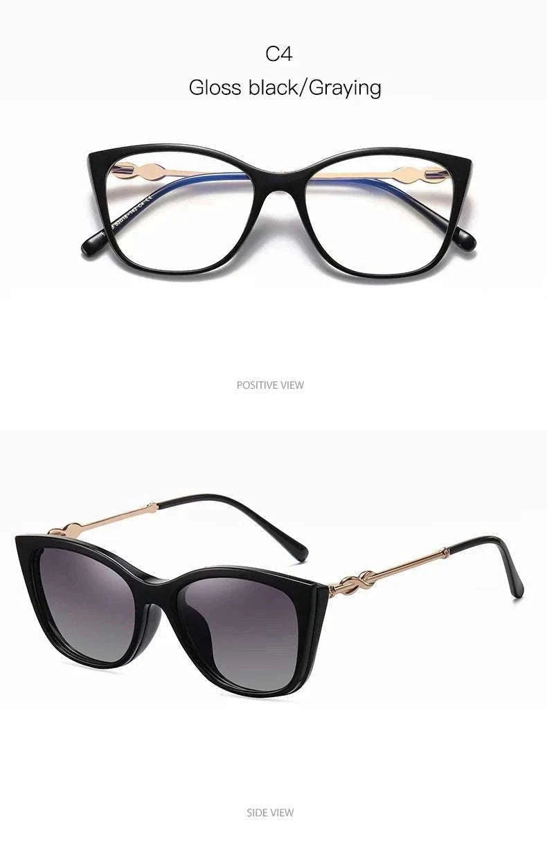 Cat-Eye Prescription Glasses with Magnetic Clip-On Sunglasses-C6 / Progressive / 1.56|Anti Blue Ray