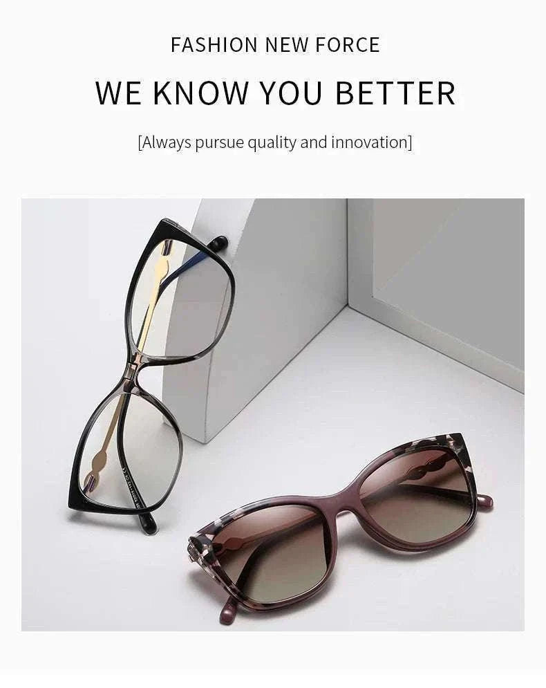 Cat-Eye Prescription Glasses with Magnetic Clip-On Sunglasses-C6 / Progressive / 1.56|Anti Blue Ray