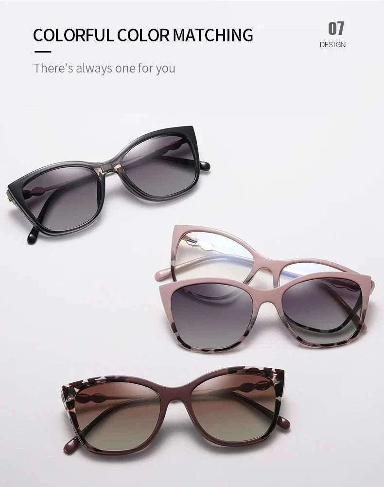 Cat-Eye Prescription Glasses with Magnetic Clip-On Sunglasses-C6 / Progressive / 1.56|Anti Blue Ray