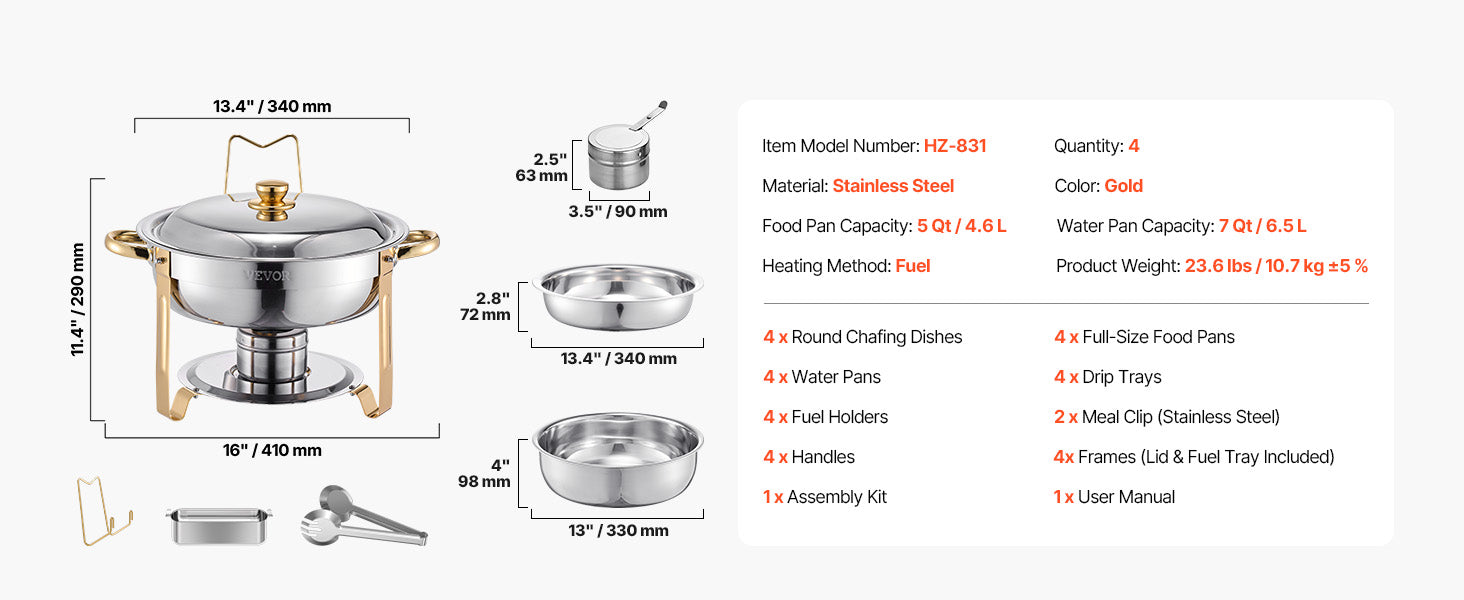 4-Pack Stainless Steel Chafing Dish Set with Full-Size Pans