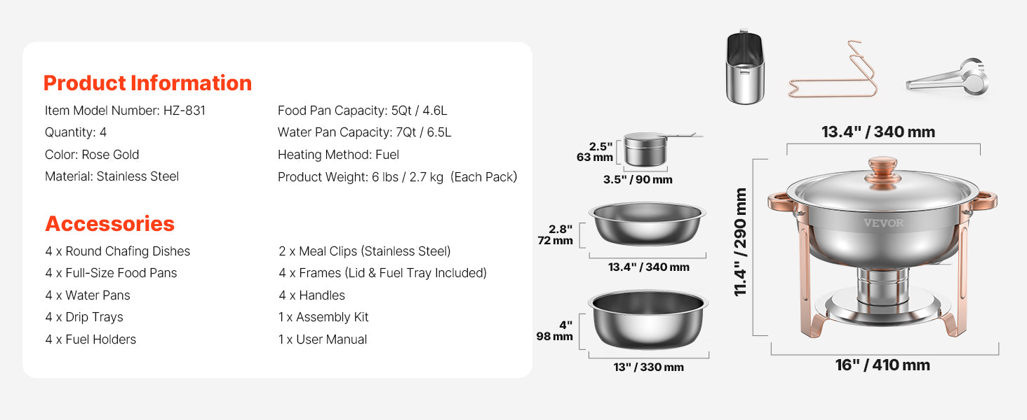 4-Pack Stainless Steel Chafing Dish Set with Full-Size Pans