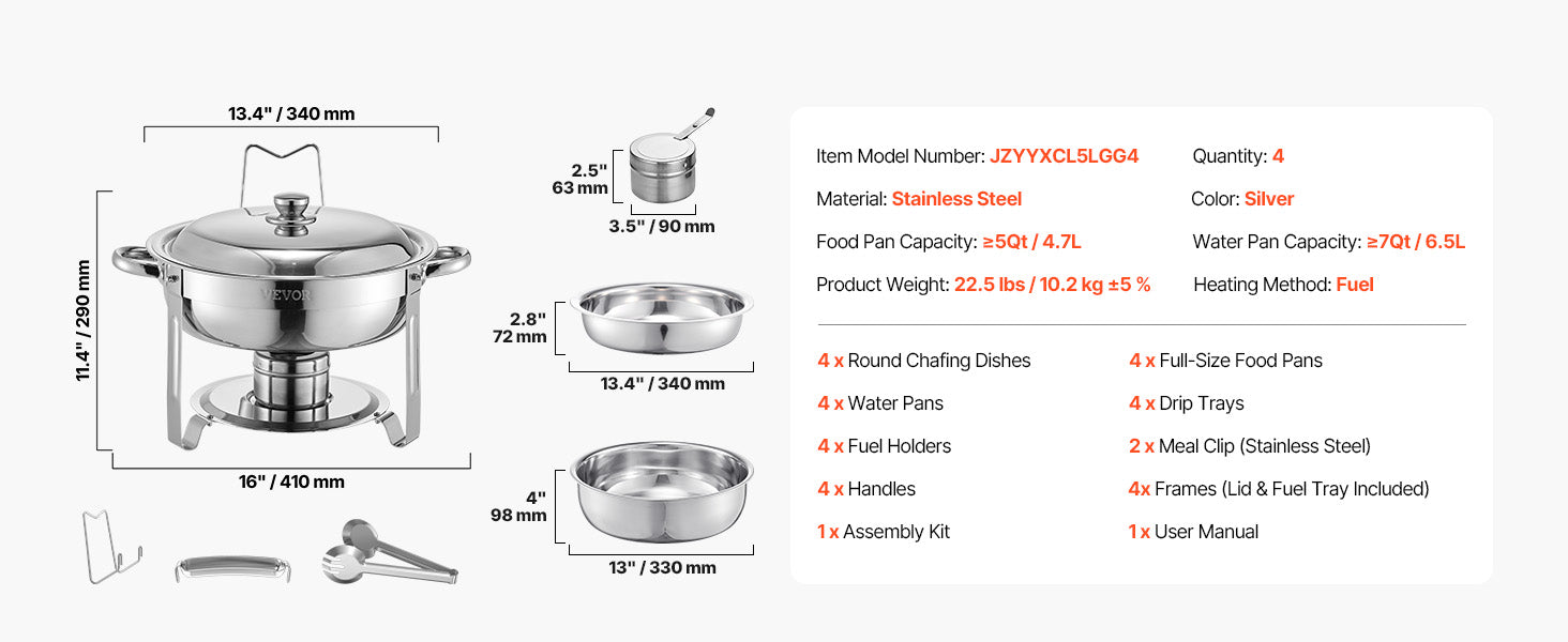 4-Pack Stainless Steel Chafing Dish Set with Full-Size Pans