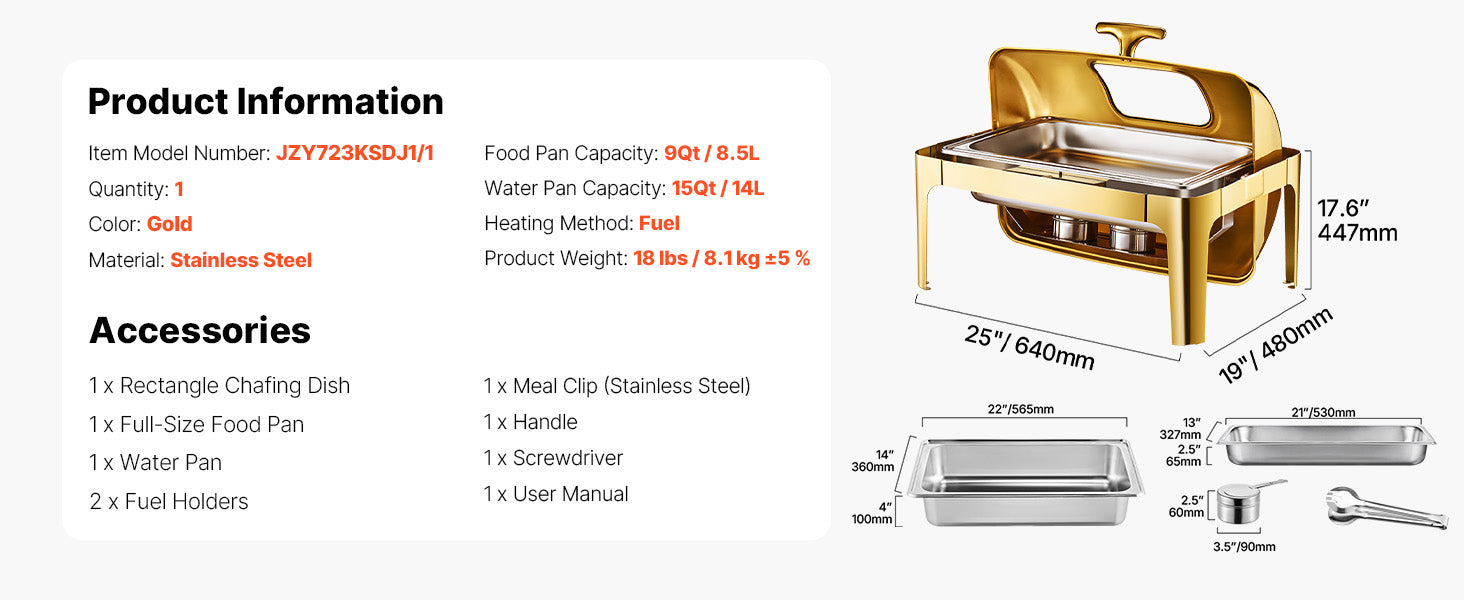 9Qt Roll Top Chafing Dish Set Stainless Steel Buffet Server