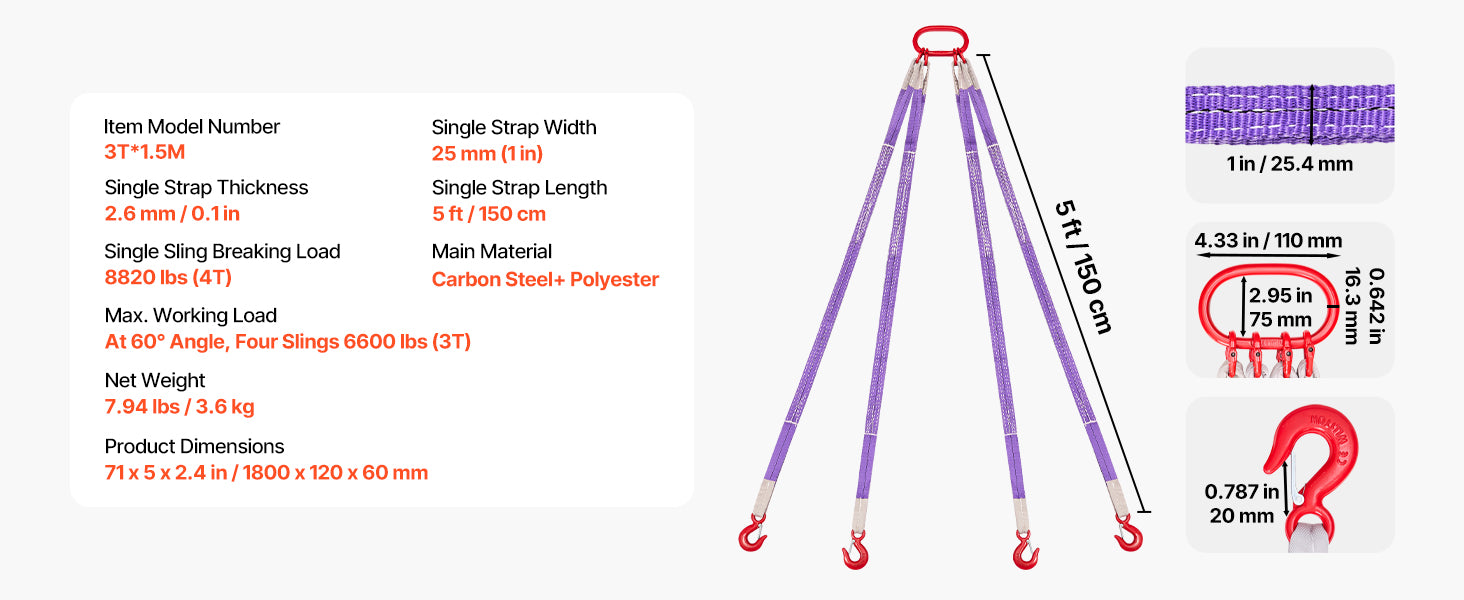 SucceBuy 5ft Lifting Sling Straps 4 Leg Polyester Bridle Sling with Hooks Rigging Strap Thickened Webbing Slings for Cranes