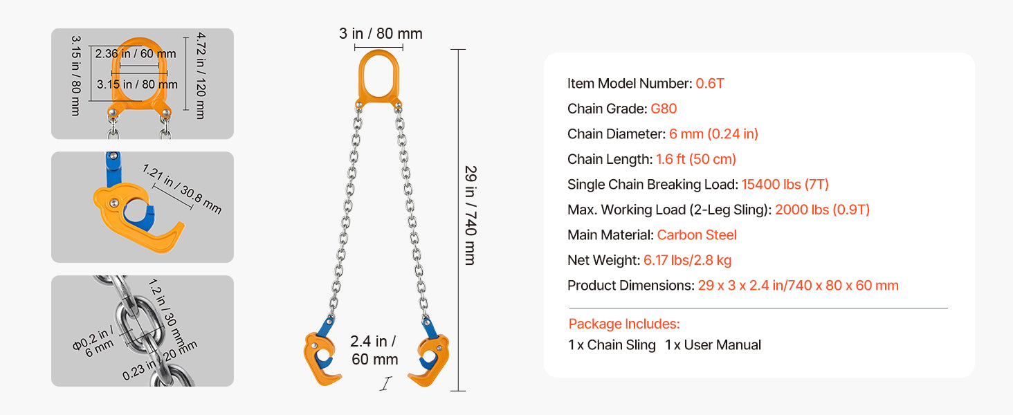 2000–2200 lbs Drum Lifting Chain Sling with Secure Hooks