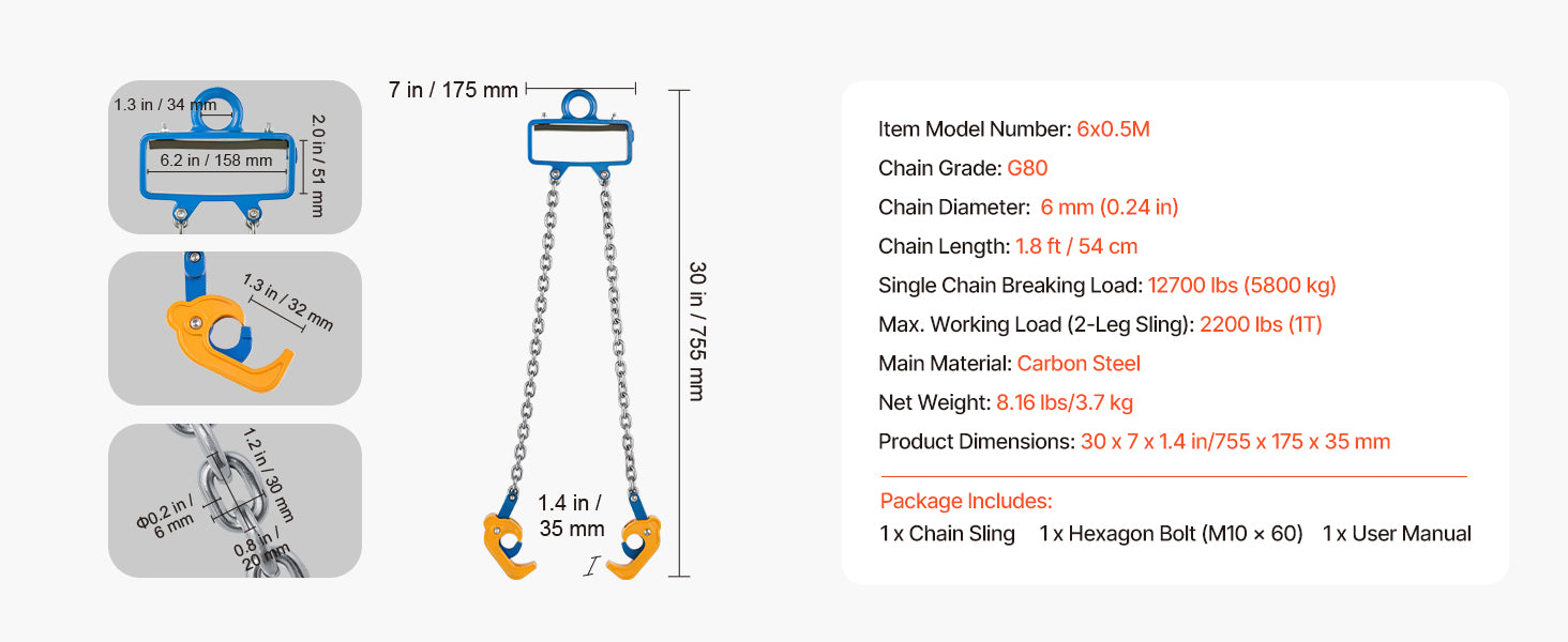 2200 lb Drum Lifting Chain Sling G80 with Security Hook