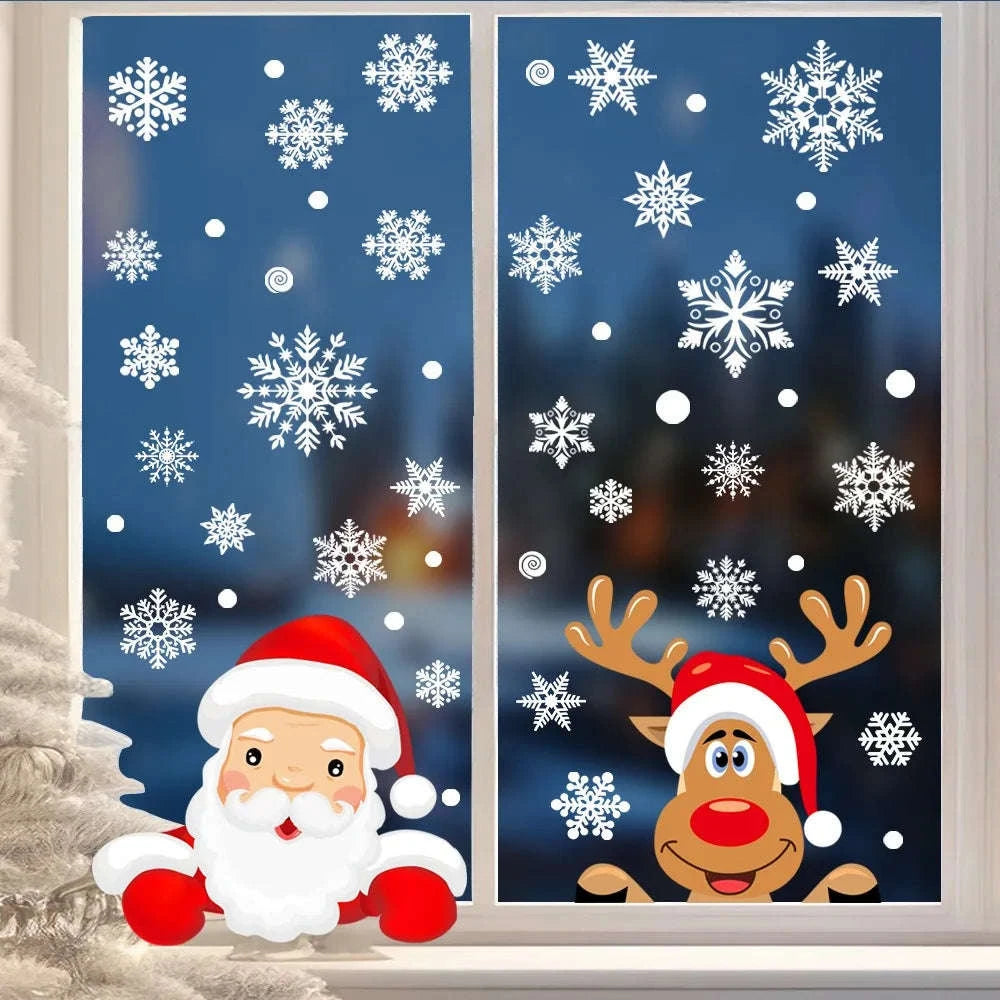 Christmas Window Stickers Cartoon Santa Claus & Snowflakes-D