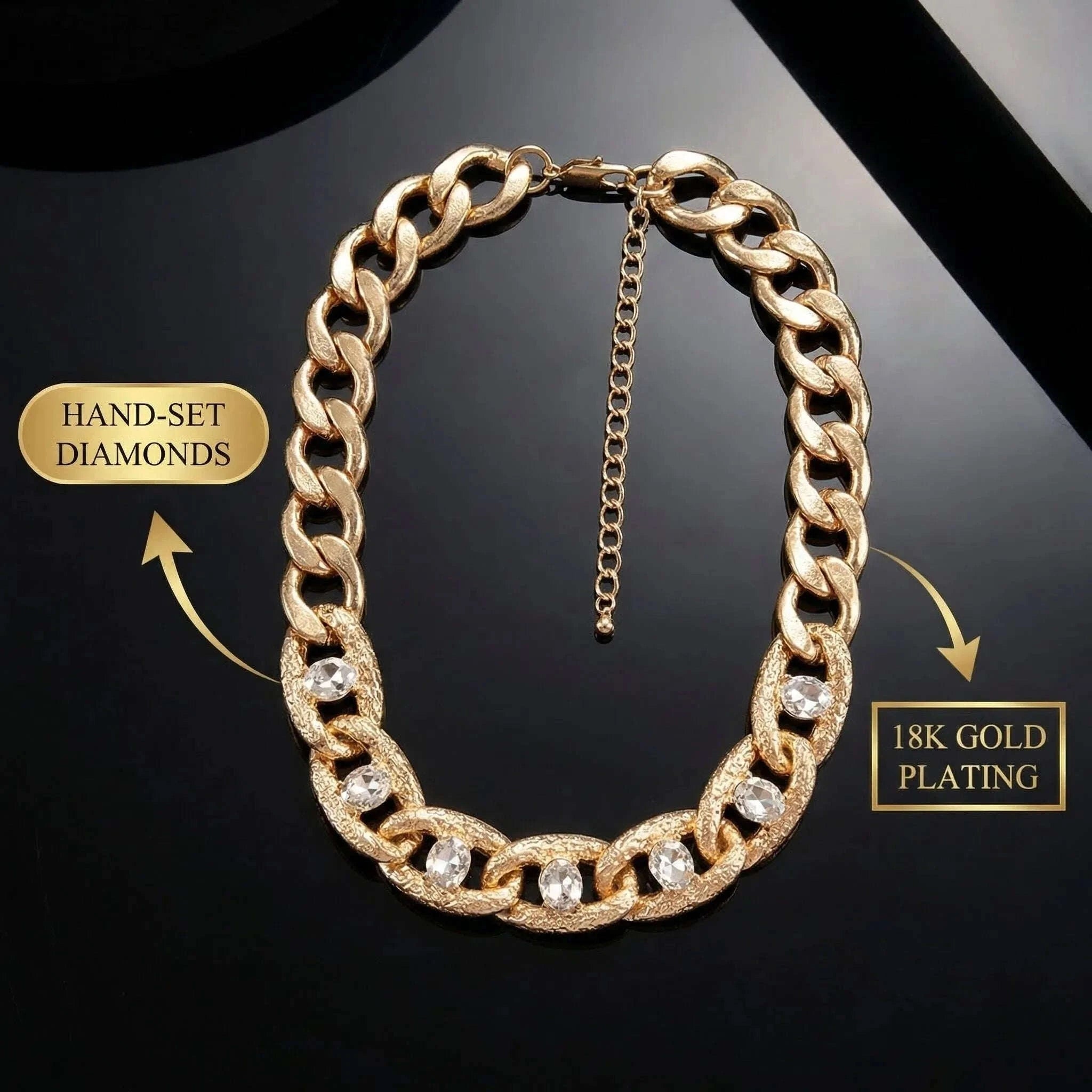 Chunky Gold Curb Chain Necklace with Crystal Accents Adjustable Fit-MY250900015G224