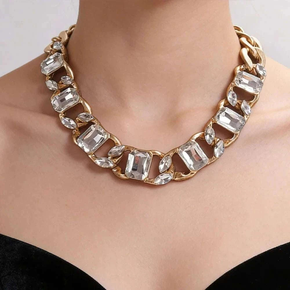 Chunky Gold Curb Chain Necklace with Crystal Accents Adjustable Fit-MY250900015G224