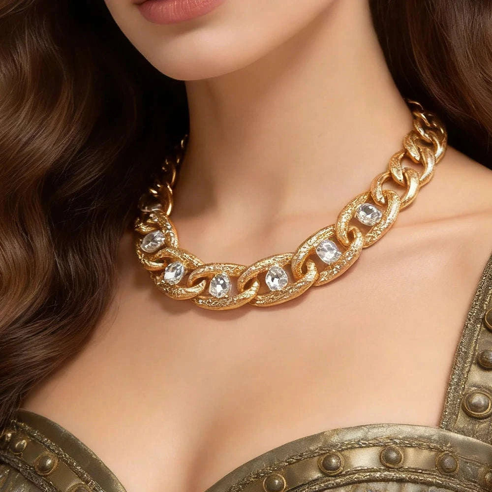 Chunky Gold Curb Chain Necklace with Crystal Accents Adjustable Fit-MY250900015G224