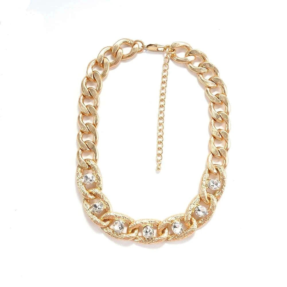 Chunky Gold Curb Chain Necklace with Crystal Accents Adjustable Fit-MY250900015G224