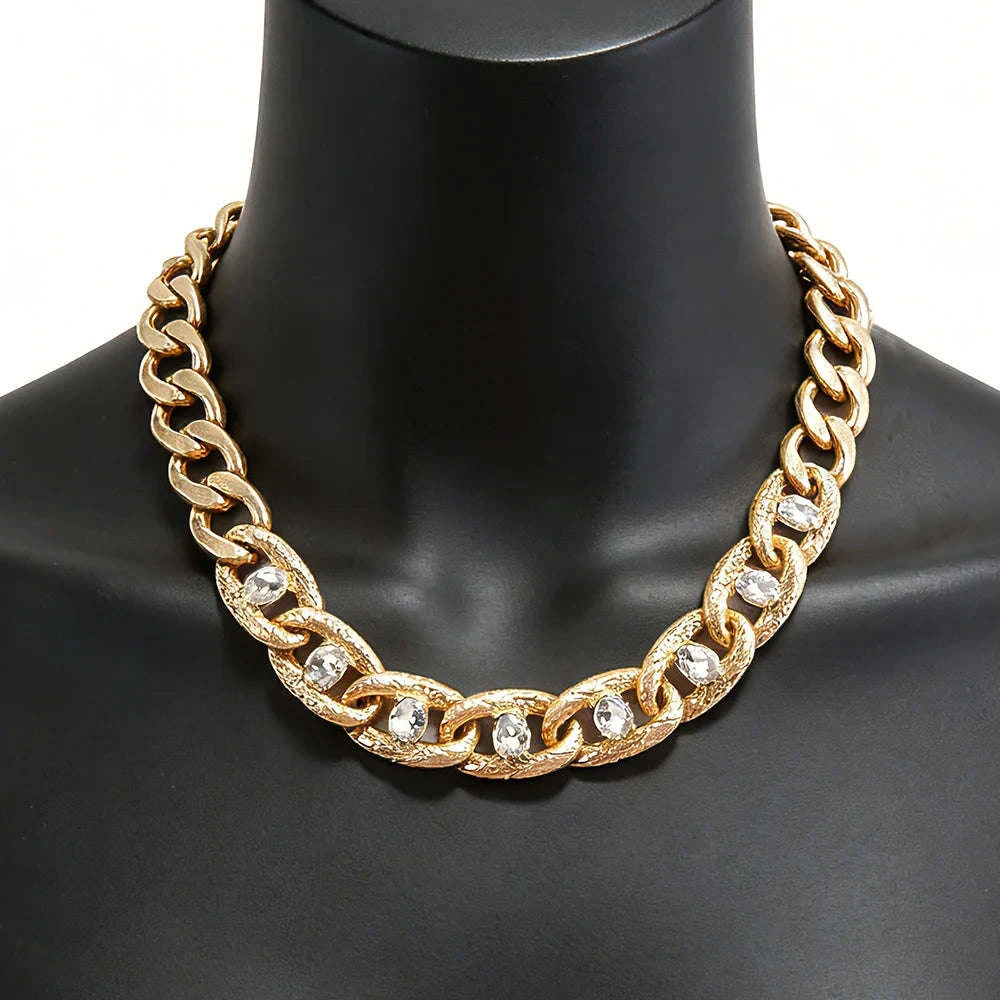 Chunky Gold Curb Chain Necklace with Crystal Accents Adjustable Fit-MY250900015G224